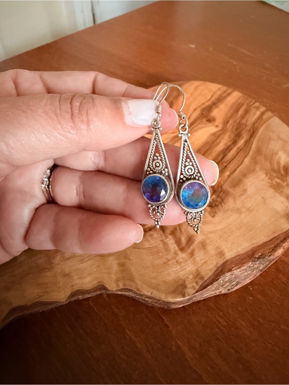 Handmade Sterling Silver Teardrop Earrings with Blue and Purple Stones